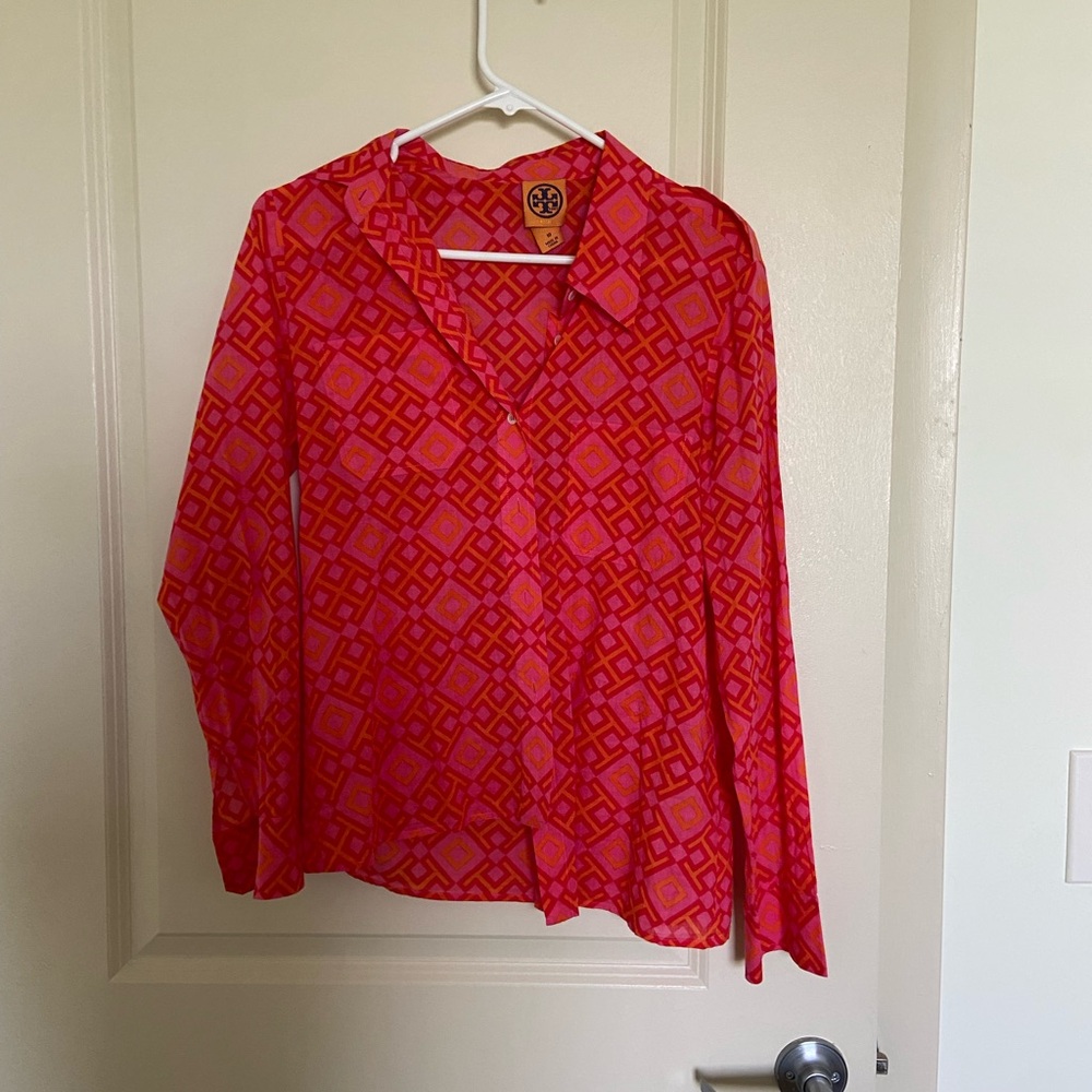 Tory Burch Pink and Red Geometric Long-Sleeve Blouse